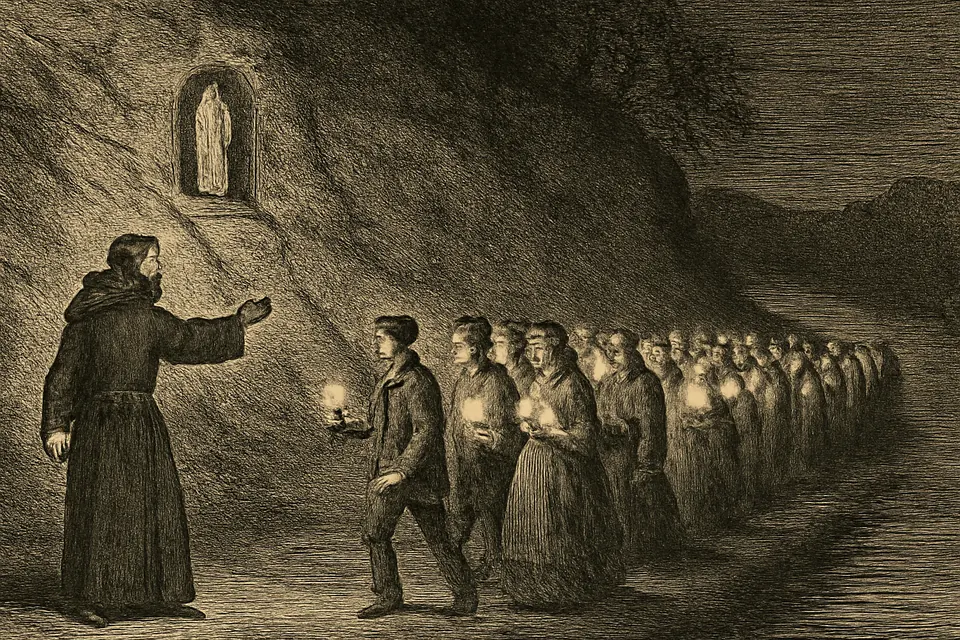 Ilustración en estilo grabado de un fraile capuchino con barba que, de noche, guía a unos veinte peregrinos con velas encendidas desde la gruta de Lourdes