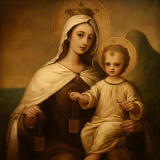 Oil-painting-style image of Our Lady of Mount Carmel in a brown habit and white cloak, holding the Child Jesus and a brown scapular