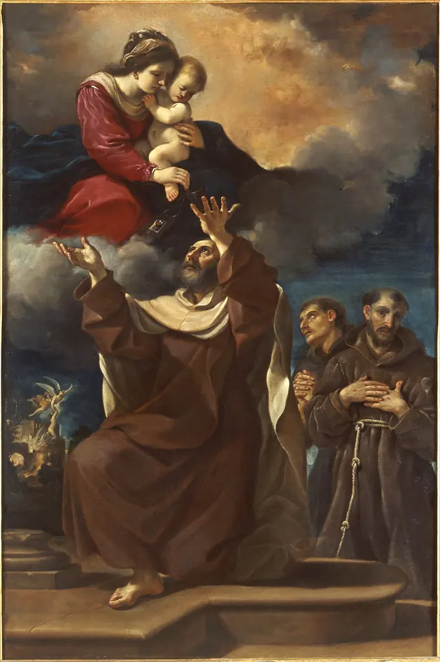 Guercino's altarpiece of the Virgin and Child in a red and blue robe on clouds, the child reaching down toward a Carmelite saint in a brown habit who raises his arms, with two Franciscan friars behind him