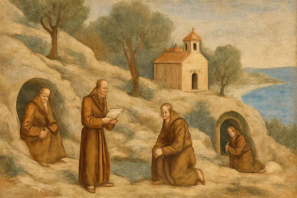 Illustration of hermits in rough brown robes outside their caves on Mount Carmel, with a small chapel and the sea below