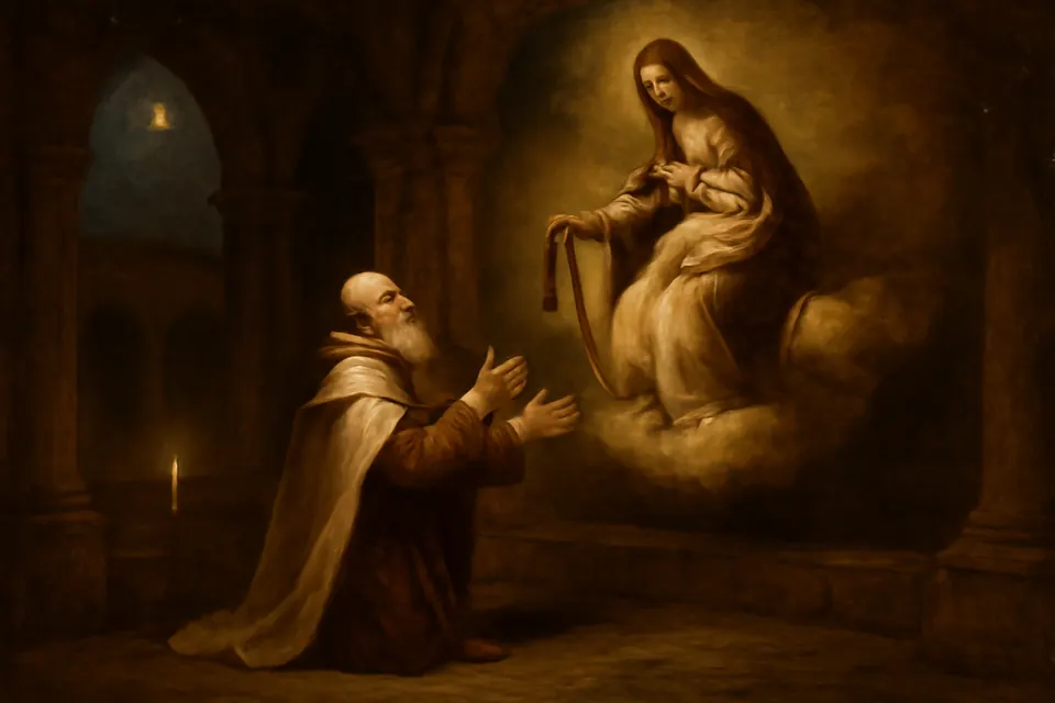 Illustration of an elderly Carmelite friar kneeling in a medieval English cloister as the Virgin Mary appears holding out a brown scapular