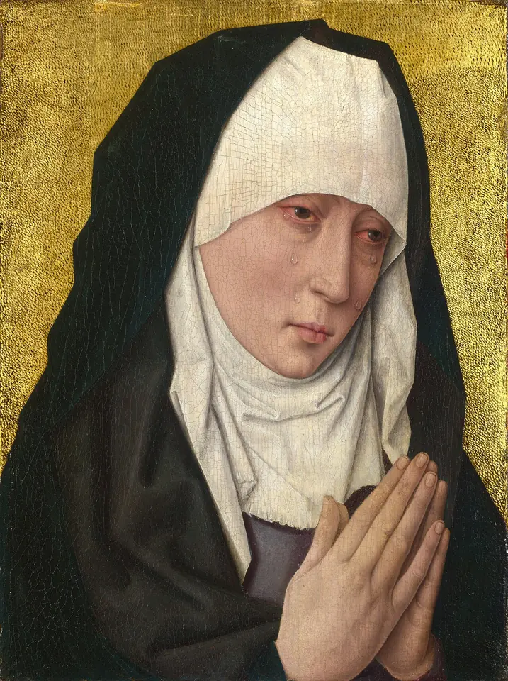 Close half-length painting of the Virgin in a dark blue mantle and white wimple, her hands joined in prayer, her eyes red with tears against a gold background