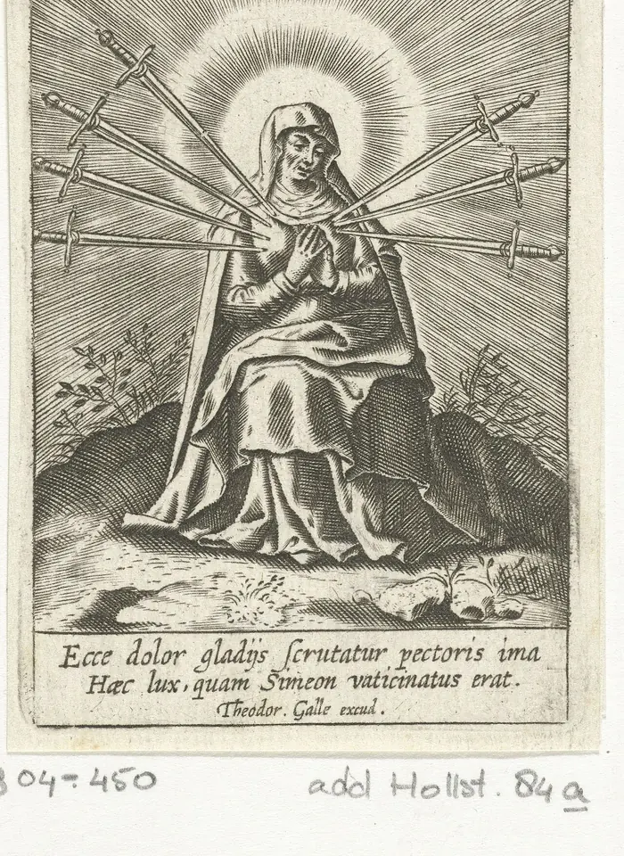 Engraving of the seated Virgin with hands clasped, seven swords fanning out from her breast, a halo of rays behind her head and a Latin verse below