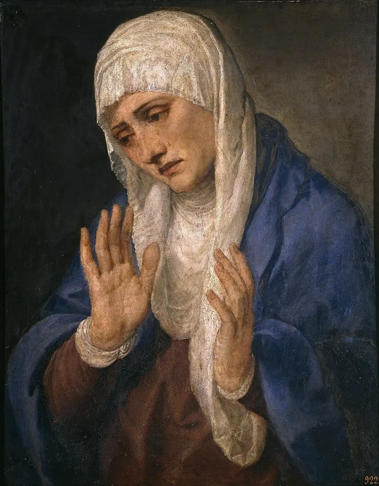 Painting of the grieving Virgin in a white veil and deep blue mantle, head tilted, tears on her face, her open hands raised before her