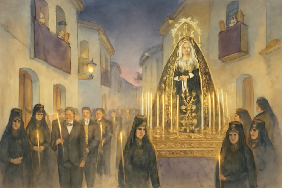 Watercolor-style illustration of a candlelit evening procession carrying a statue of the weeping Virgin in a black velvet mantle through a narrow Spanish street