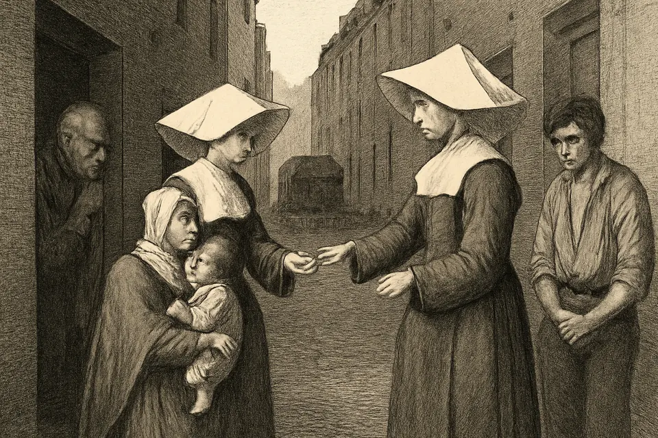 Engraving-style illustration of two Daughters of Charity in wide white headdresses handing small medals to sick and frightened people in a Paris street in 1832
