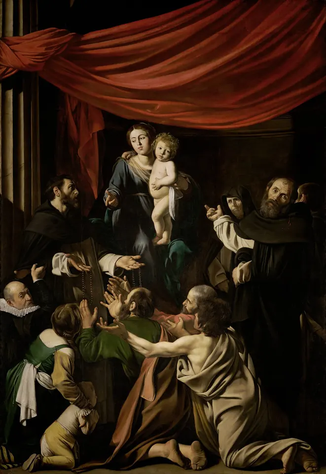 Gran cuadro de Caravaggio de la Virgen con el Niño en un trono bajo un cortinaje rojo, mientras Santo Domingo ofrece rosarios a una multitud de pobres arrodillados que alzan las manos