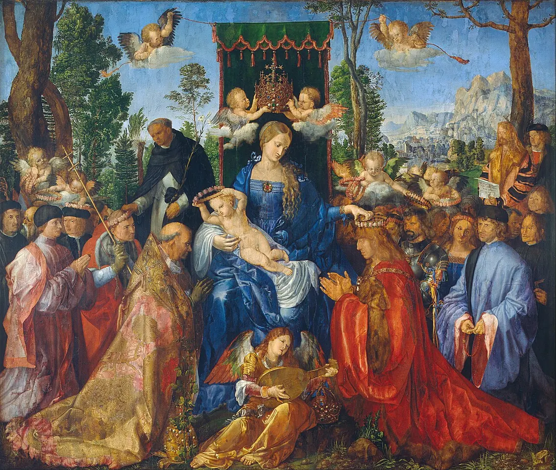 Retablo de Durero de la Virgen y el Niño en un trono, que colocan coronas de rosas sobre un papa y un emperador arrodillados, mientras Santo Domingo y unos ángeles reparten guirnaldas de rosas