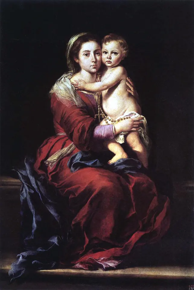 Pintura de Murillo de una Virgen joven vestida de rojo y azul sobre fondo oscuro, que sostiene de pie al Niño Jesús con un rosario colgado de la mano