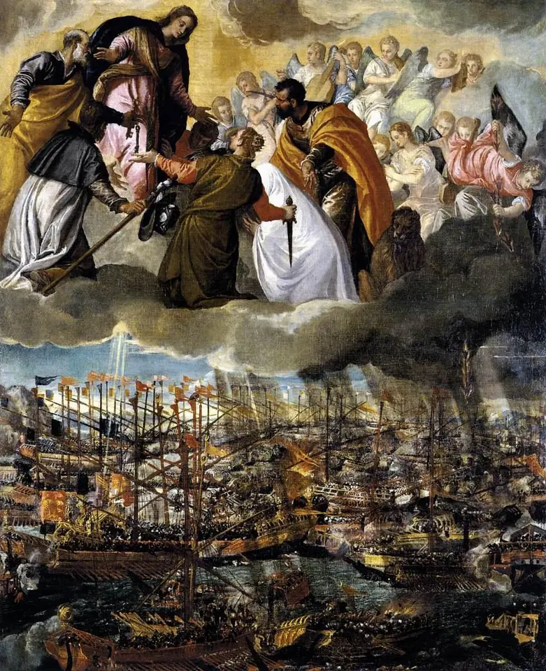 Pintura de Veronese dividida en dos, con santos que suplican a la Virgen entre las nubes y, abajo, las galeras de Lepanto amontonadas entre el humo, mientras un ángel arroja flechas de fuego sobre la flota turca