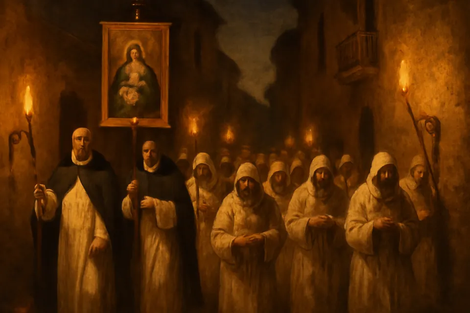 Ilustración en estilo óleo de una procesión de cofrades del Rosario con antorchas, rezando por una calle de Roma en el siglo XVI