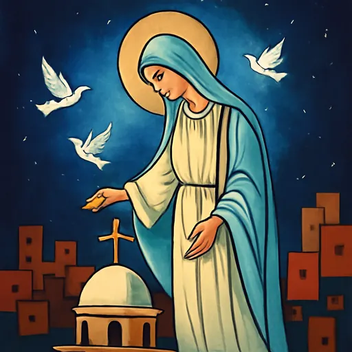 Icon-style image of Our Lady of Zeitoun, the Virgin in a white and pale blue mantle glowing above the dome of a Coptic church at night, with doves of light around her