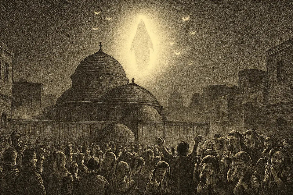 Engraving-style illustration of a vast crowd of men, women and children filling the streets around a domed church at night, looking up at a light above the dome