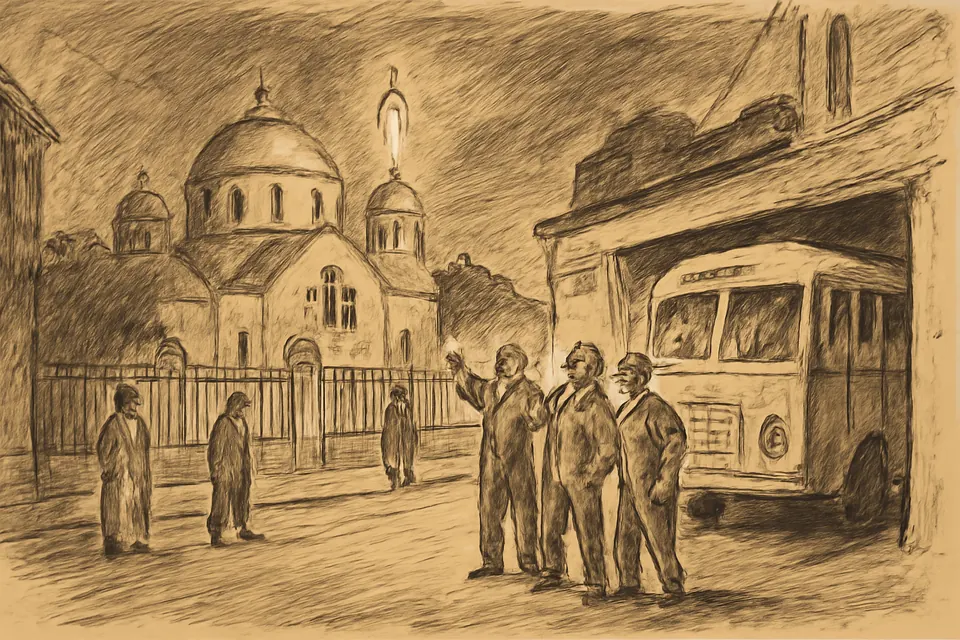 Ink-drawing-style illustration of Egyptian workmen in coveralls in a street at night, pointing up at a glowing white figure on the dome of a church across the road