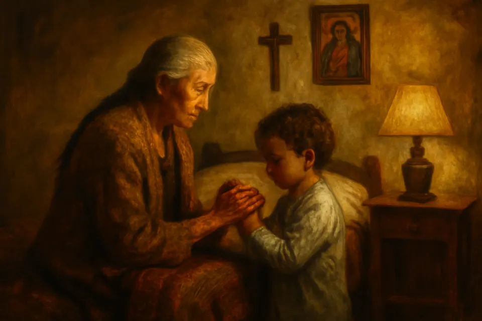 Ilustración de estilo óleo de una abuela que enseña a su nieto pequeño a juntar las manos para rezar el Padre nuestro junto a la cama, a la luz de una lámpara