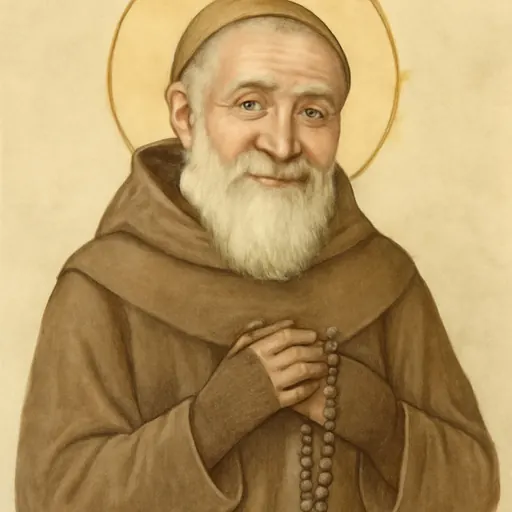 Watercolor holy-card portrait of Padre Pio as an elderly bearded Capuchin friar in a brown habit, holding a rosary in a gloved hand