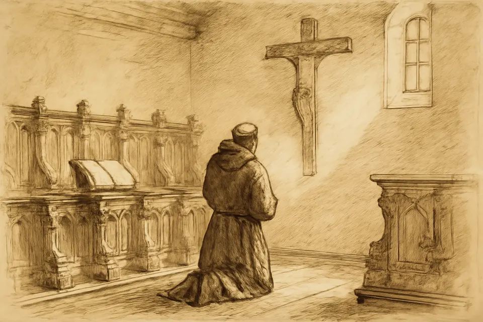 Drawing of a Capuchin friar kneeling alone in the wooden choir loft of a small friary church before a large crucifix, seen from behind