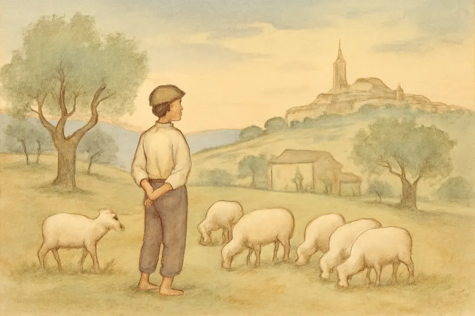 Illustration of a young shepherd boy with a few sheep in the farmland outside Pietrelcina, a small hill town on the horizon