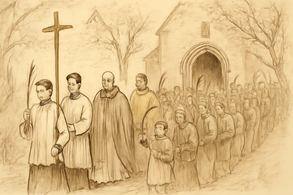 Ilustración de un sacerdote con vestiduras rojas que encabeza una procesión de fieles con palmas verdes hacia las puertas abiertas de una iglesia de piedra en una mañana de primavera