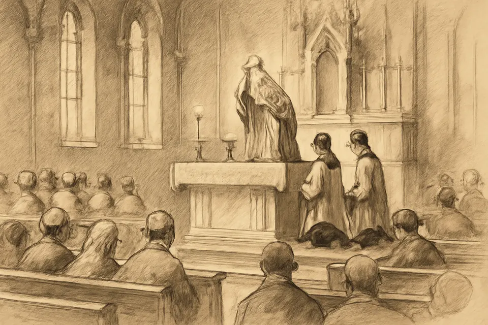 Oil-painting-style illustration of a priest in a green chasuble raising the Host above the altar of a parish church as the people kneel in the pews