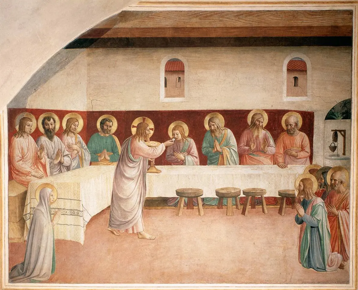 Fresco of Christ standing in a pale room giving Communion to kneeling apostles, while others kneel or sit at a table and the Virgin Mary kneels at the right