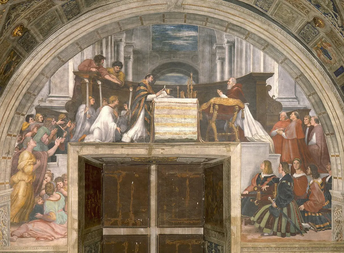 Fresco of a priest kneeling at an altar holding the Host before a kneeling pope and cardinals, with a crowd of onlookers on the steps at left and Swiss Guards below at right