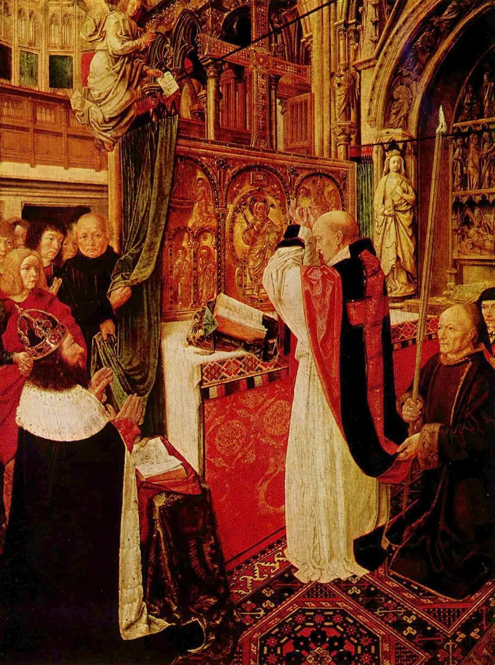 Late medieval painting of a bald priest in a red chasuble standing at a richly decorated altar in the Abbey of Saint-Denis, raising his hands at Mass while a king kneels at the right and an angel descends above