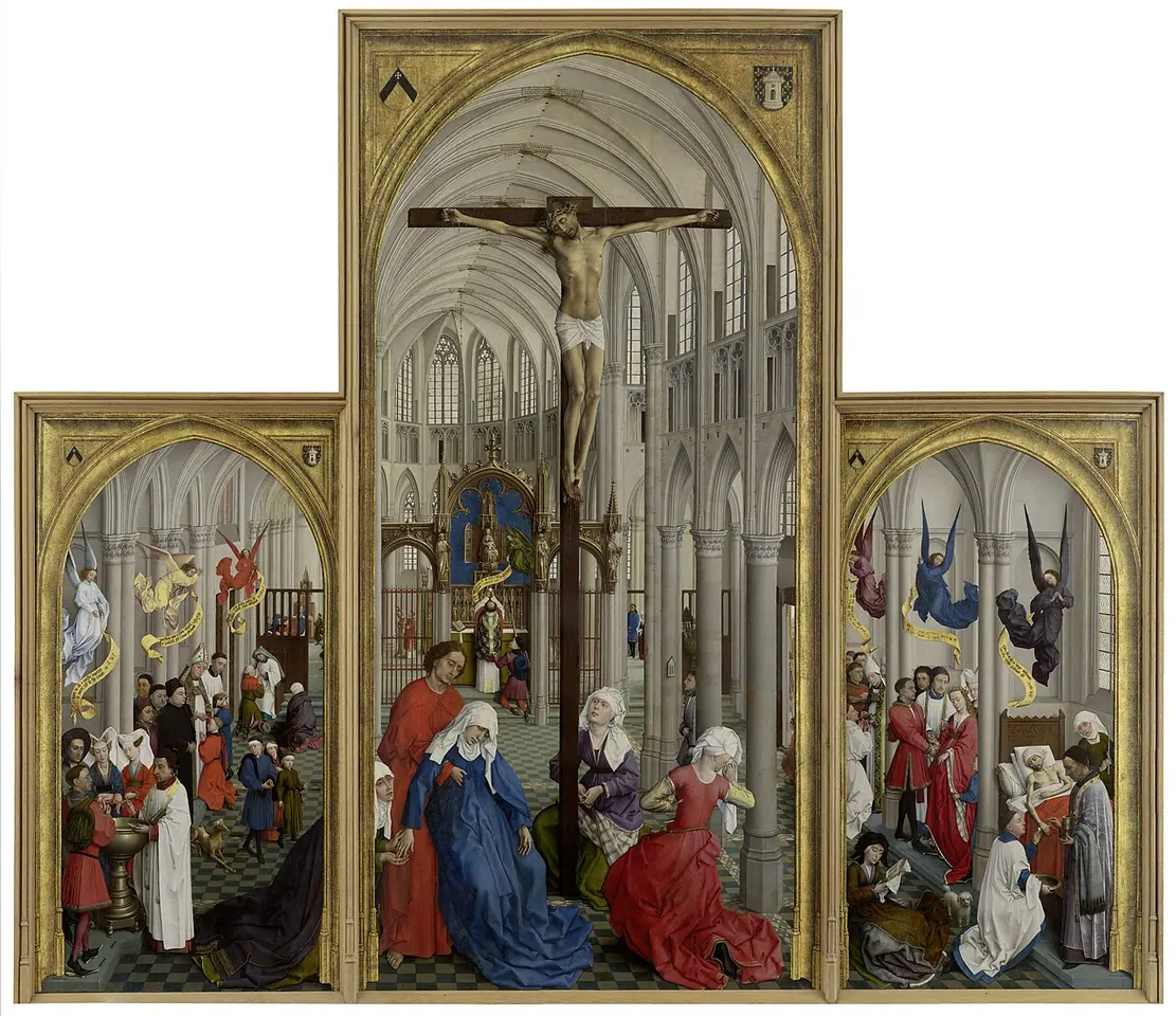Flemish triptych set inside a Gothic church, with a large crucifix in the center and, behind it at the high altar, a priest raising the Host, while the side panels show the other sacraments taking place in side chapels