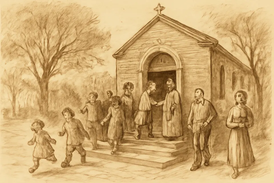 Ink-drawing-style illustration of families walking out of a church door into a sunny street after Mass while the priest greets people at the door