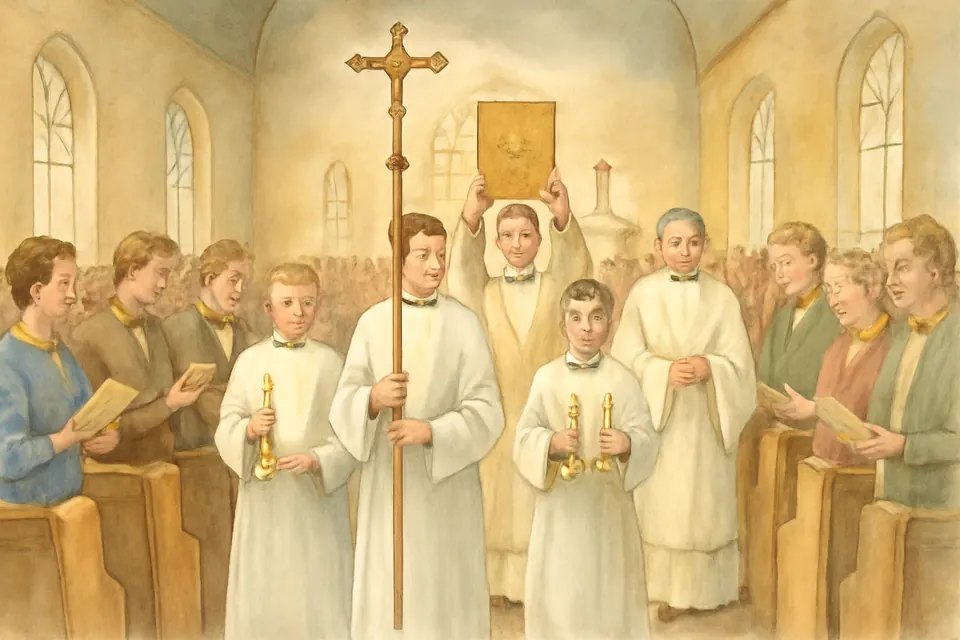 Watercolor illustration of the entrance procession at Sunday Mass, with a server carrying the cross, a deacon holding up the Book of the Gospels and the priest following