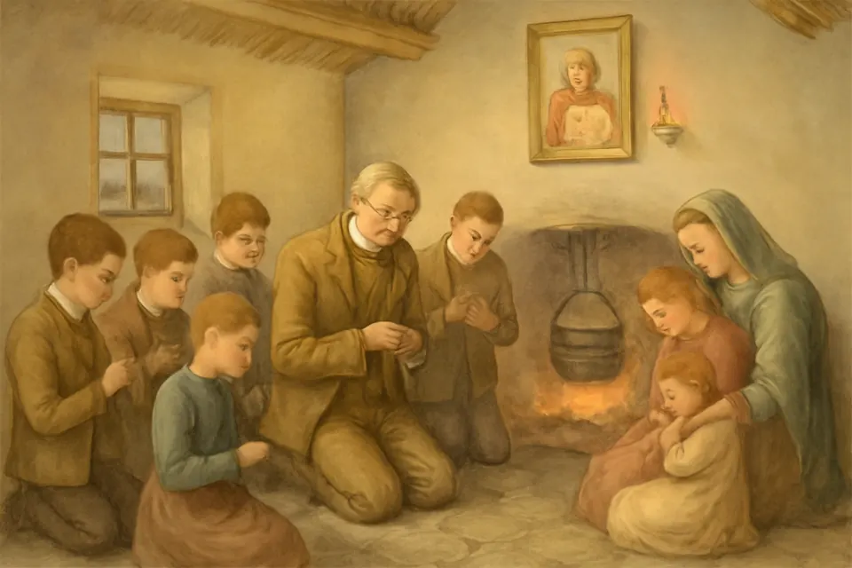 Watercolor-style scene of an Irish farm family kneeling on a stone floor around the hearth to pray the evening Rosary, the father leading, in a thatched cottage kitchen