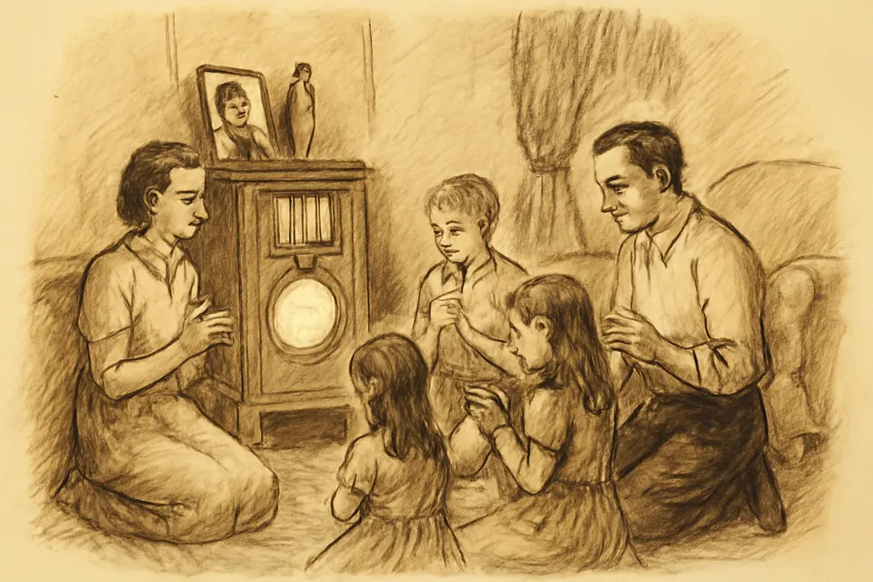 Ink-drawing-style scene of an American family in the 1940s kneeling around a large wooden radio in their living room, praying the Rosary together