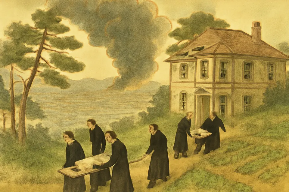 Watercolor-style scene of a damaged wooden Jesuit house on a green hillside above a city burning in the distance, with young men in black carrying the wounded up the path