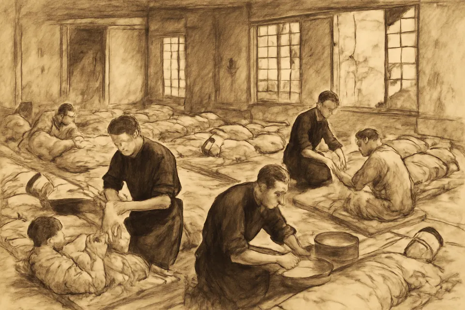 Ink-drawing-style scene of a Japanese house's large room turned into a makeshift hospital, with wounded people on mats and young Jesuits changing bandages