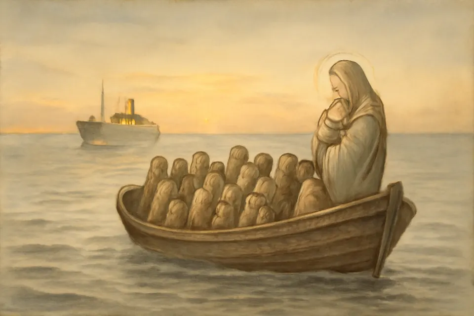 Watercolor-style scene of a small, overcrowded refugee boat on the open sea at dawn in the late 1970s