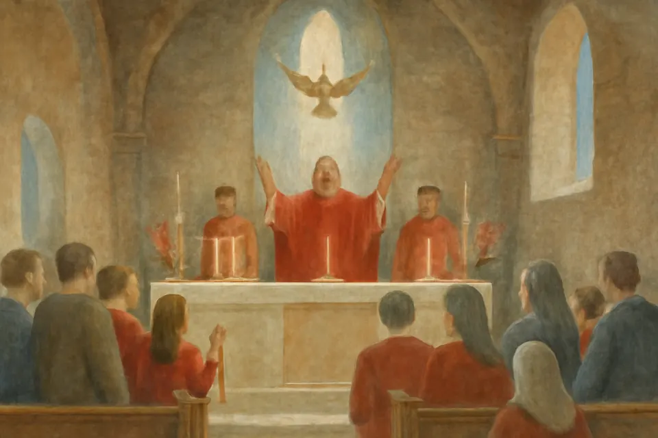 Illustration of a parish Mass on Pentecost Sunday, the priest in red vestments at the altar and red banners and flowers around the sanctuary