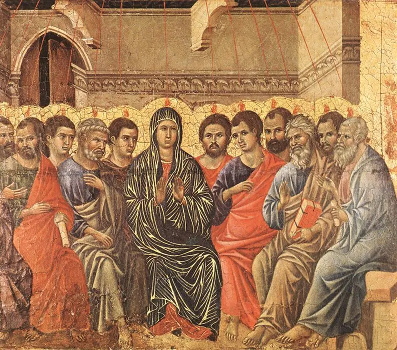 Panel of Mary in a dark mantle seated among the apostles in red, blue and green robes, golden rays falling on each of their heads