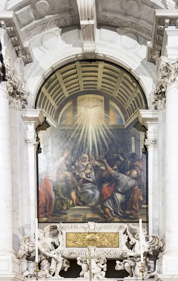Painting of the dove of the Holy Spirit blazing with light in a coffered vault while Mary and the apostles below throw up their arms, small flames over their heads
