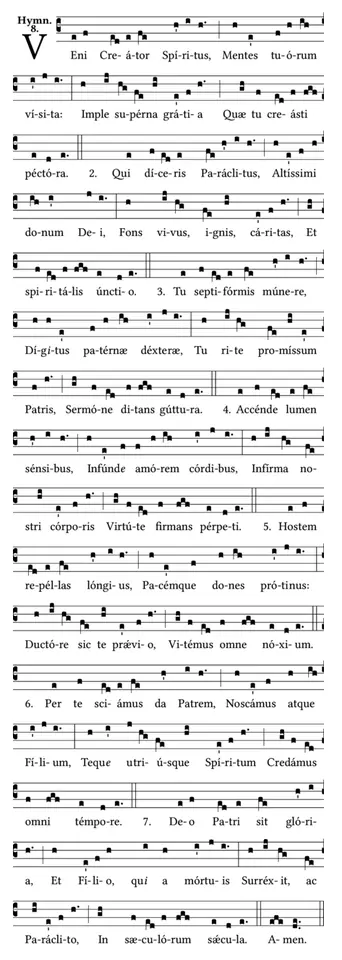 Page of square Gregorian chant notation on a four-line staff with the Latin words of the Veni Creator Spiritus