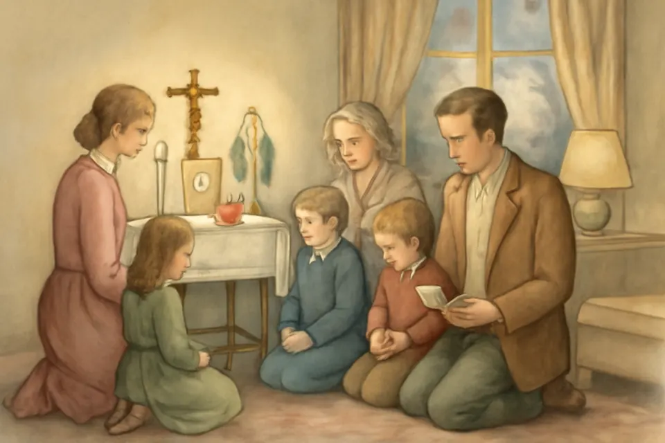 Watercolor-style illustration of a family kneeling at a small home altar in the evening, praying the novena to the Holy Spirit before Pentecost