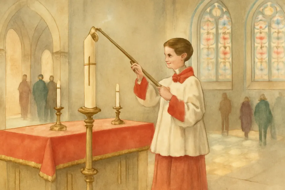 Watercolor-style scene of a server extinguishing the paschal candle after Mass at the end of the Easter season