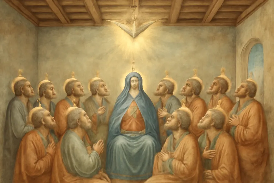 Fresco-style scene of Mary and the apostles in the upper room as tongues of fire rest on each of them