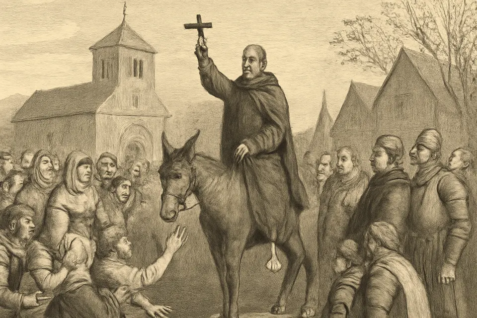 Engraving-style scene of a lean, barefoot hermit in a long woolen mantle, riding a mule through a crowd of medieval villagers and holding up a wooden cross