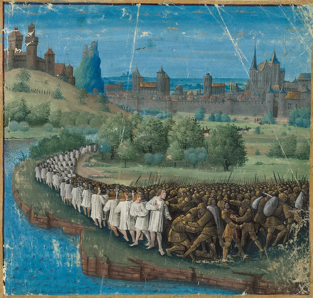A 15th-century miniature of a long column of pilgrims in white and soldiers in brown marching along a winding river below a hill town with castle walls and church towers