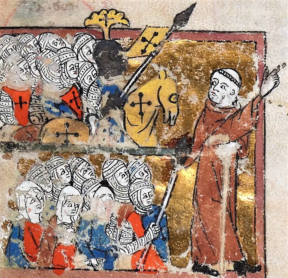 A medieval manuscript painting on gold of a tonsured preacher in a long red-brown robe pointing the way, while a crowd of crusaders in mail and white surcoats with red crosses follows with spears and banners