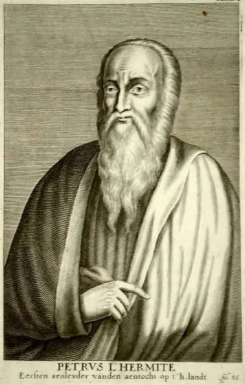 A 17th-century engraved portrait of an old man with a long white beard in a heavy cloak, pointing with one hand, with the Latin name Petrus l'Hermite below