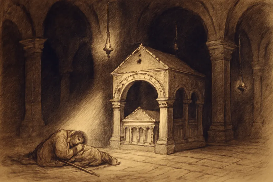 Ink-drawing-style scene of a pilgrim asleep on the stone floor of a dim church beside a lamp-lit tomb, with a soft light falling on him