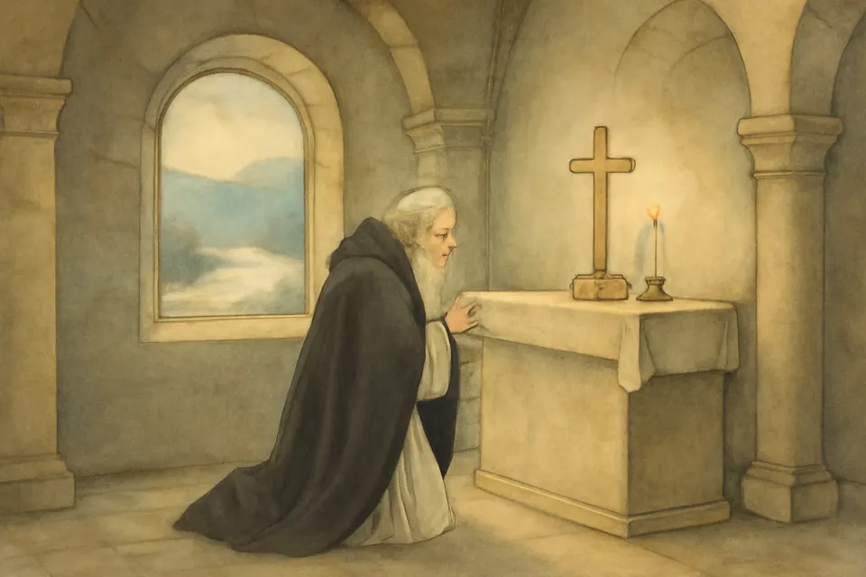 Watercolor-style scene of an old canon in a white surplice and dark cloak kneeling in prayer in a small Romanesque church by the Meuse