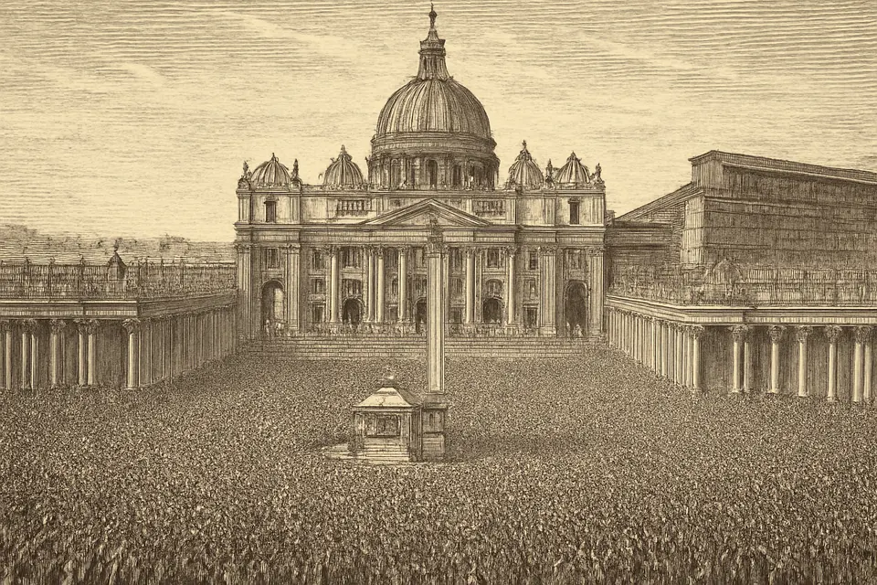 Engraving-style scene of a vast crowd filling St. Peter's Square under a bright sky on November 1, 1950, the day the dogma of the Assumption was defined