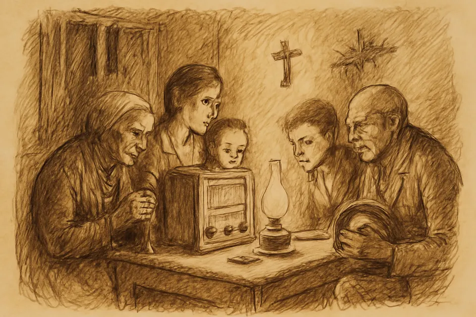 Ink-drawing-style scene of a family in a dim wartime kitchen gathered close around a radio set on Christmas Eve 1942
